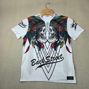 Back Street Mens T-Shirt XXL White Skull Indian Headdress Graphic Tee Y2K Street